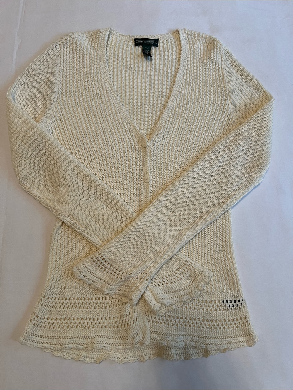 Ralph Lauren Cream Knit V-Neck Button Cardigan Women’s Sz LG|Linen-Cotton Blend